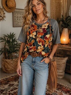 LuLaRoe Black Raglan Floral Tee with Gray Sleeves
